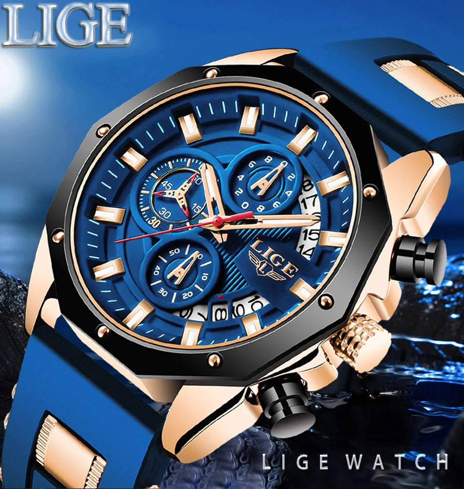 LIGE Fashion Men Watches Top Brand Luxury Silicone Sport Watch Men Quartz Date Clock Waterproof Wristwatch Chronograph Clock Man - Mountain ship