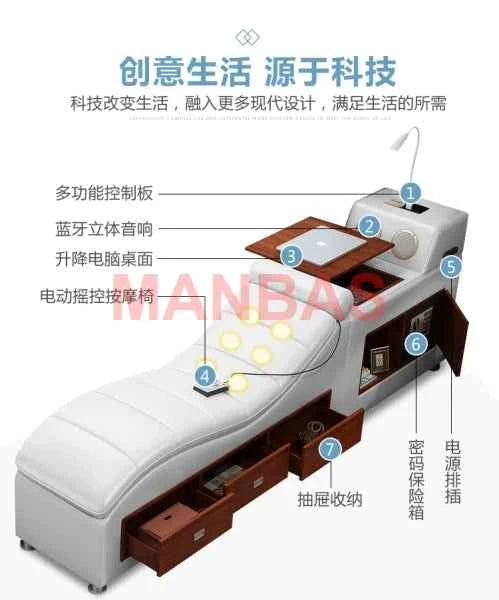 King/Queen Size Multifunctional Bed Tech Smart Beds Ultimate Camas TATAMI Massage Lit Genuine Leather Upholstered Bed with Audio - Mountain ship