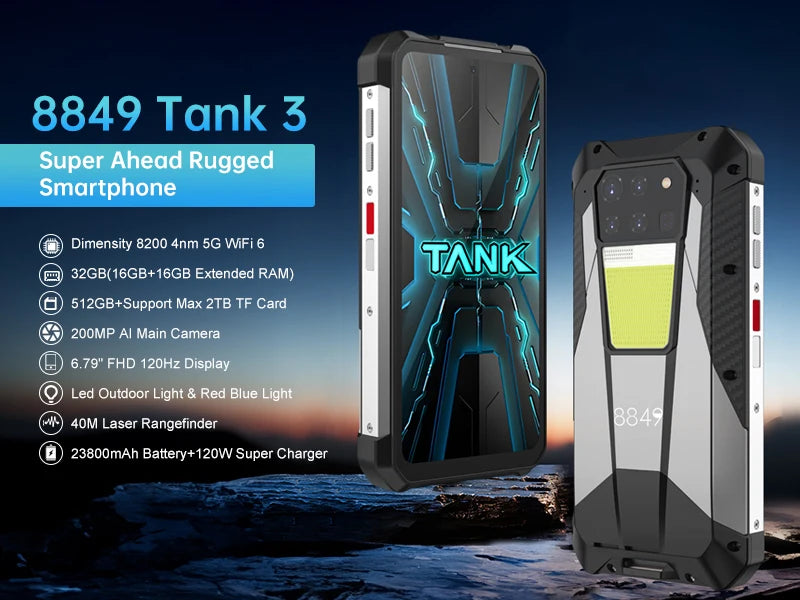 8849 Tank 3 Rugged 32GB 512GB 23800mAh 120W Charger Dimensity 8200 5G 200MP 120Hz Rangefinder Outdoor Light Wifi 6 GPS Dual Band - Mountain ship
