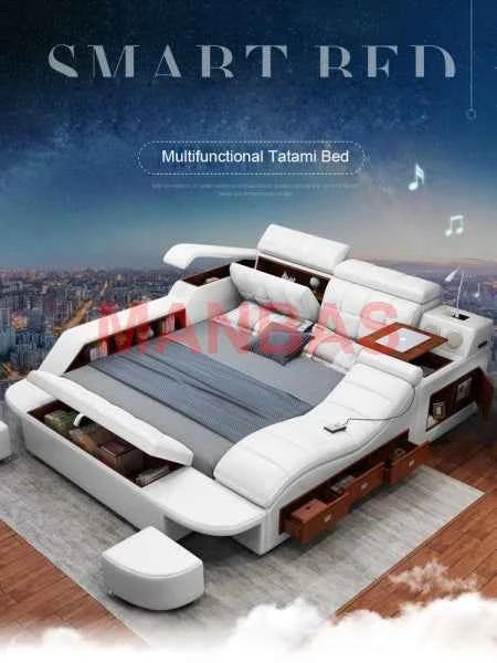 King/Queen Size Multifunctional Bed Tech Smart Beds Ultimate Camas TATAMI Massage Lit Genuine Leather Upholstered Bed with Audio - Mountain ship