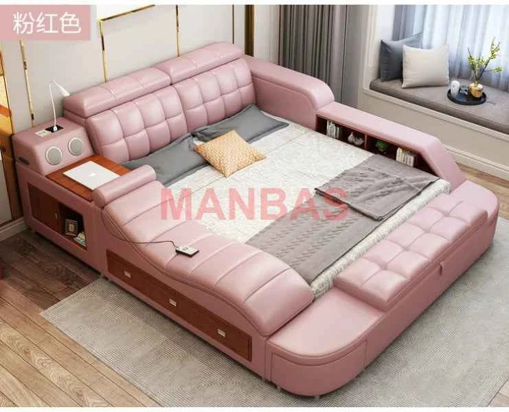 King/Queen Size Multifunctional Bed Tech Smart Beds Ultimate Camas TATAMI Massage Lit Genuine Leather Upholstered Bed with Audio - Mountain ship
