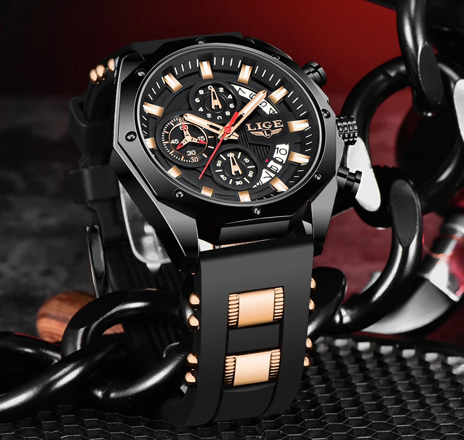 LIGE Fashion Men Watches Top Brand Luxury Silicone Sport Watch Men Quartz Date Clock Waterproof Wristwatch Chronograph Clock Man - Mountain ship