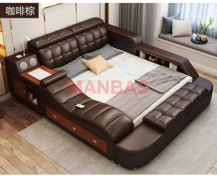 King/Queen Size Multifunctional Bed Tech Smart Beds Ultimate Camas TATAMI Massage Lit Genuine Leather Upholstered Bed with Audio - Mountain ship