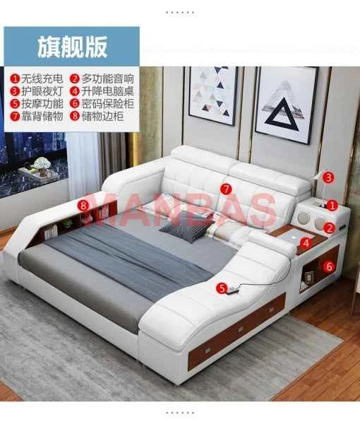 King/Queen Size Multifunctional Bed Tech Smart Beds Ultimate Camas TATAMI Massage Lit Genuine Leather Upholstered Bed with Audio - Mountain ship