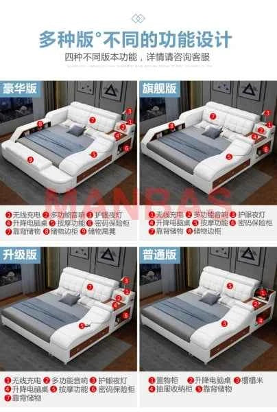 King/Queen Size Multifunctional Bed Tech Smart Beds Ultimate Camas TATAMI Massage Lit Genuine Leather Upholstered Bed with Audio - Mountain ship