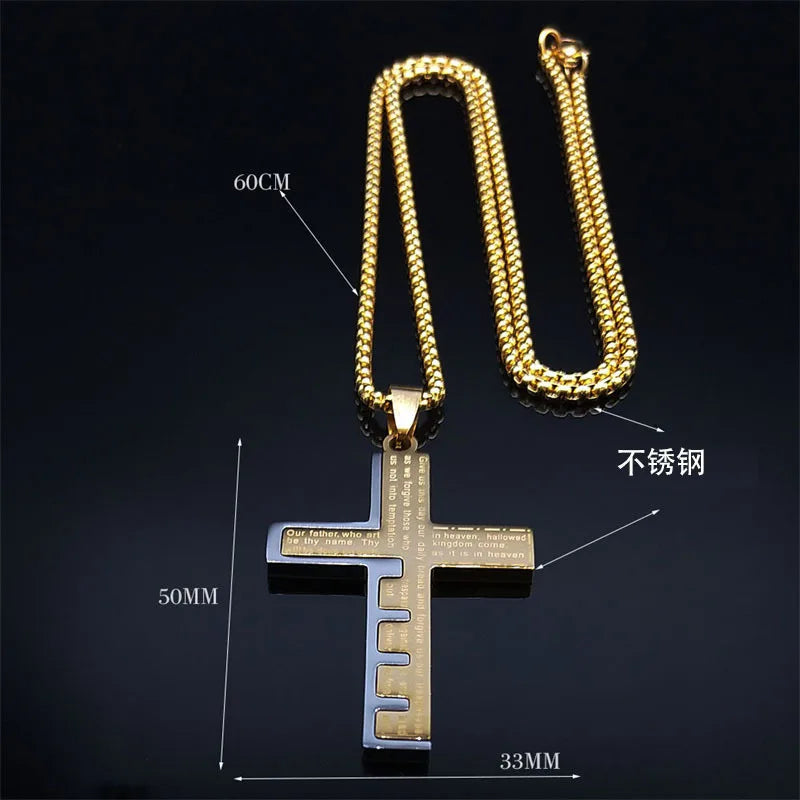 HNSP Stainless Steel Bible Cross Chain Necklace Pendant For Men Jewelry Religion Accessories Gift - Mountain ship