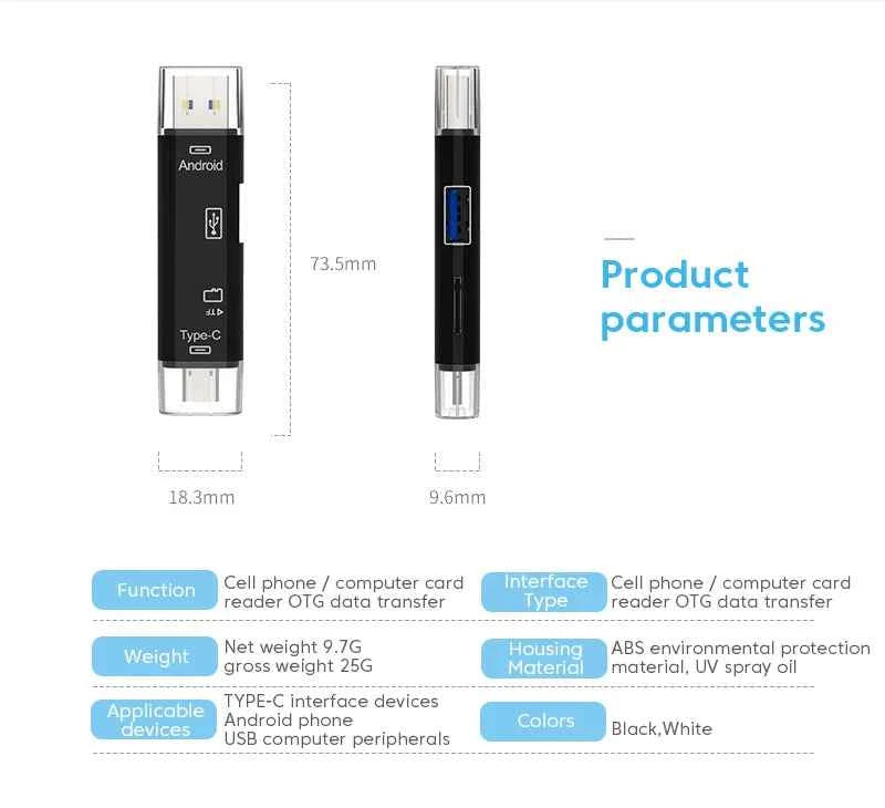 USB3.0 Card Reader 6 in 1 OTG Multifunction Type C Micro TF SD USB Card Reader Adapter Computer Laptop Tablet Phone Accessories - Mountain ship
