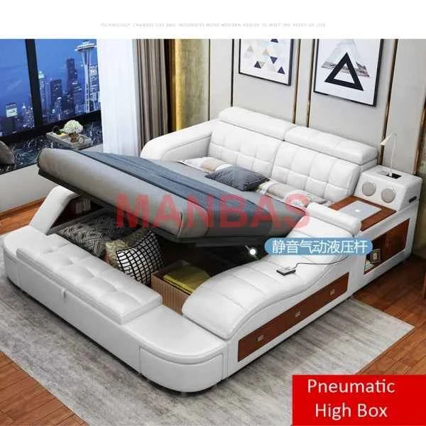 King/Queen Size Multifunctional Bed Tech Smart Beds Ultimate Camas TATAMI Massage Lit Genuine Leather Upholstered Bed with Audio - Mountain ship