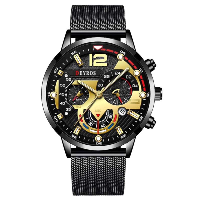 Fashion Mens Business Watches Luxury Stainless Steel Mesh Belt Quartz Wrist Watch Luminous Clock Men Casual Calendar Watch - Mountain ship