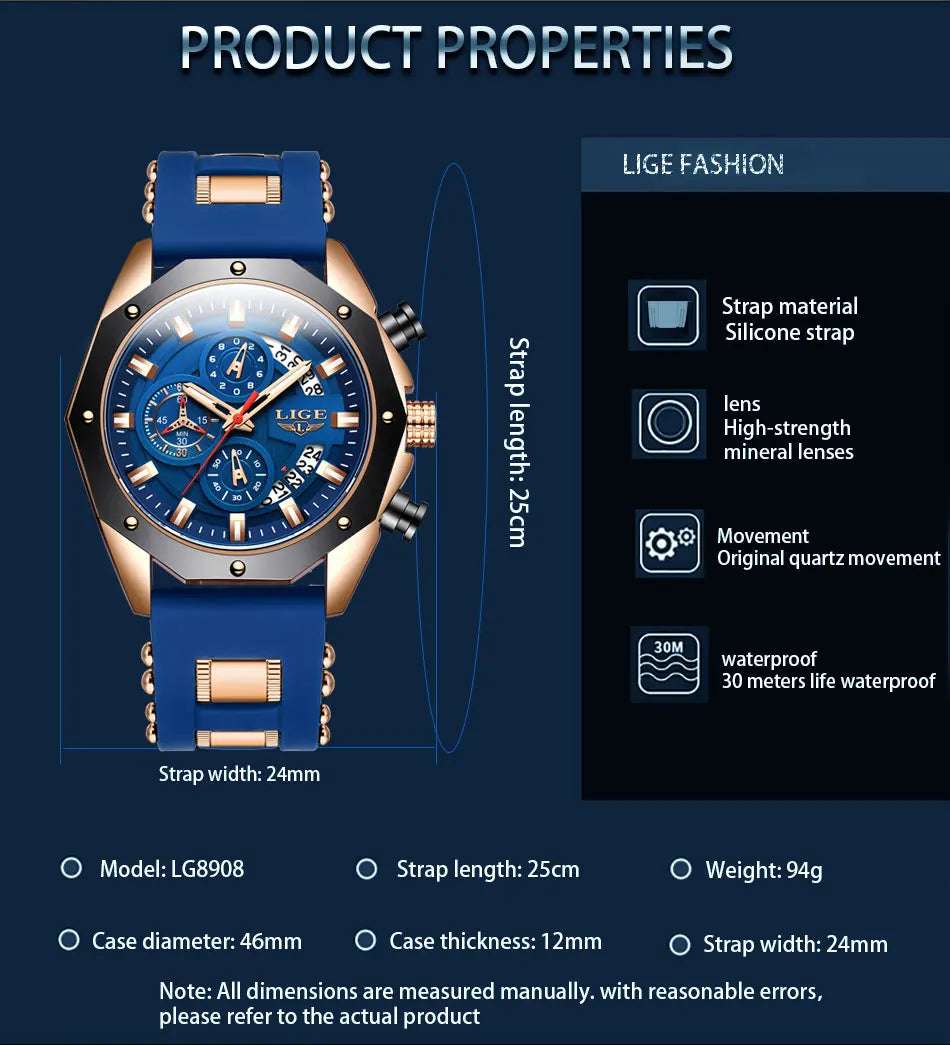 LIGE Fashion Men Watches Top Brand Luxury Silicone Sport Watch Men Quartz Date Clock Waterproof Wristwatch Chronograph Clock Man - Mountain ship