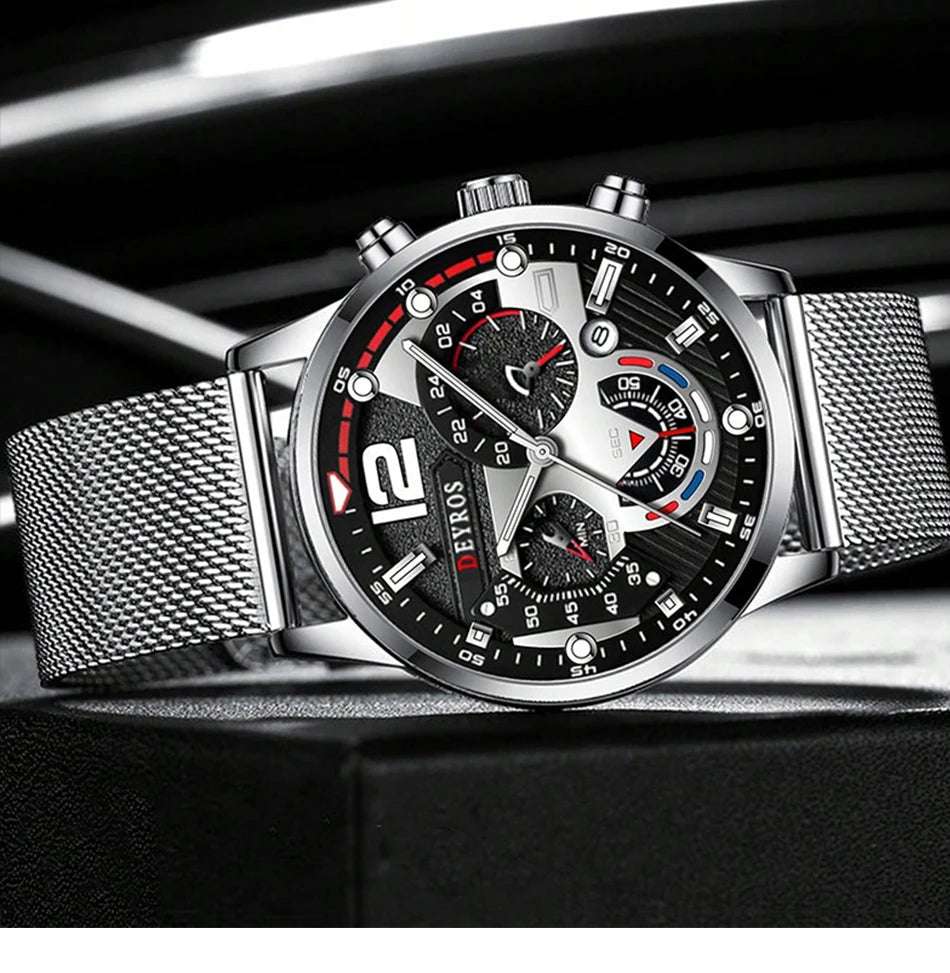Fashion Mens Business Watches Luxury Stainless Steel Mesh Belt Quartz Wrist Watch Luminous Clock Men Casual Calendar Watch - Mountain ship