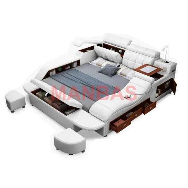 King/Queen Size Multifunctional Bed Tech Smart Beds Ultimate Camas TATAMI Massage Lit Genuine Leather Upholstered Bed with Audio - Mountain ship