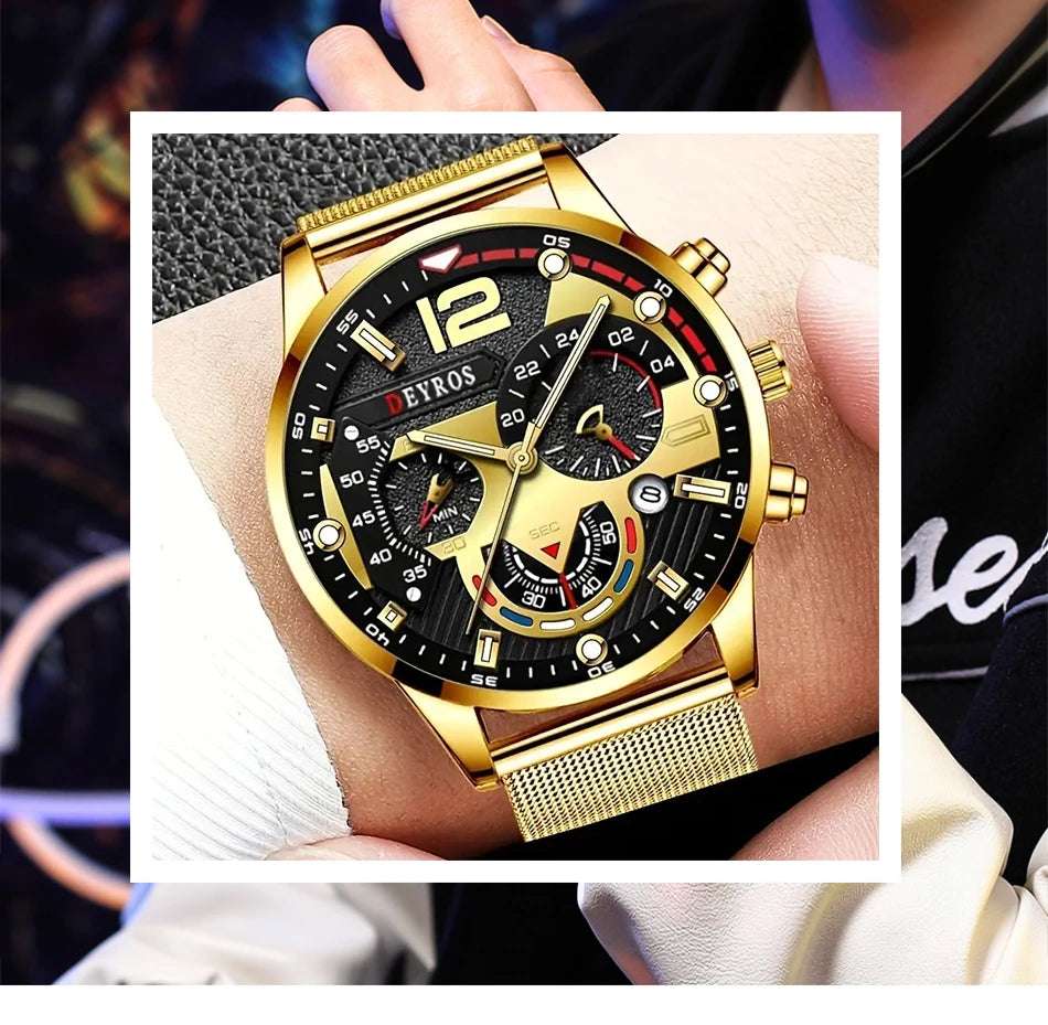 Fashion Mens Business Watches Luxury Stainless Steel Mesh Belt Quartz Wrist Watch Luminous Clock Men Casual Calendar Watch - Mountain ship