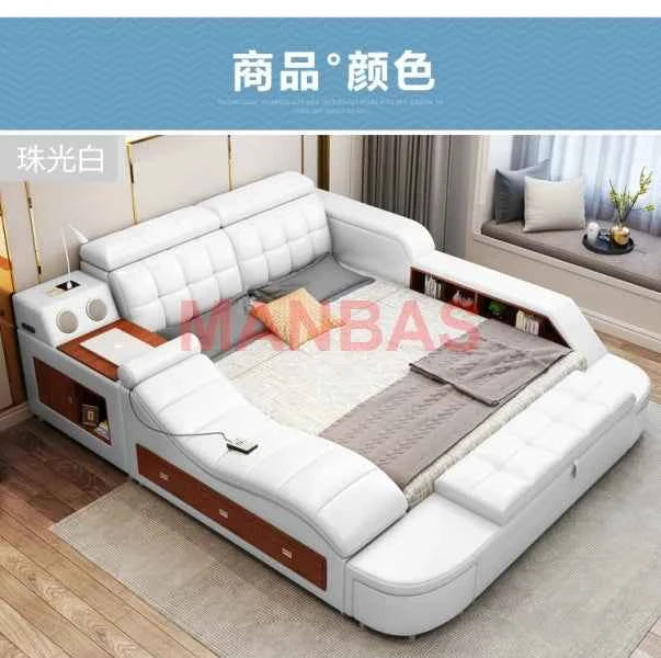King/Queen Size Multifunctional Bed Tech Smart Beds Ultimate Camas TATAMI Massage Lit Genuine Leather Upholstered Bed with Audio - Mountain ship