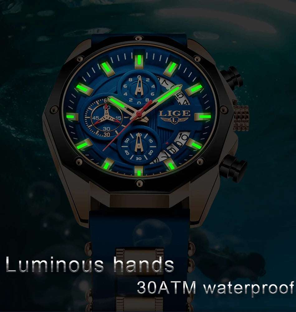 LIGE Fashion Men Watches Top Brand Luxury Silicone Sport Watch Men Quartz Date Clock Waterproof Wristwatch Chronograph Clock Man - Mountain ship