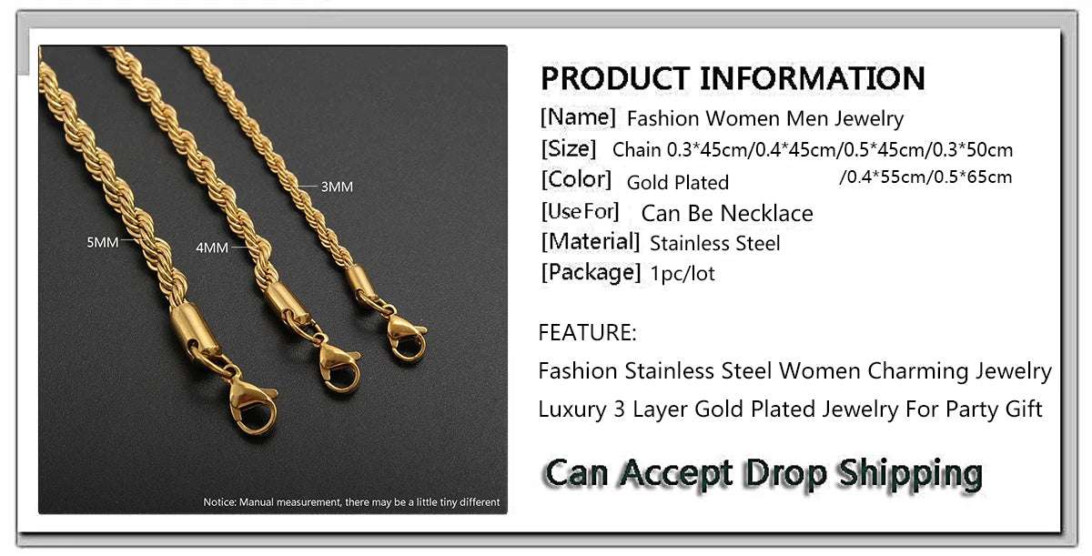 MHS.SUN Hip Hop Stainless Steel Gold/Sliver Color 3MM 5MM Twisted Rope Chain Necklaces For Women Men Party Jewelry Accessories - Mountain ship