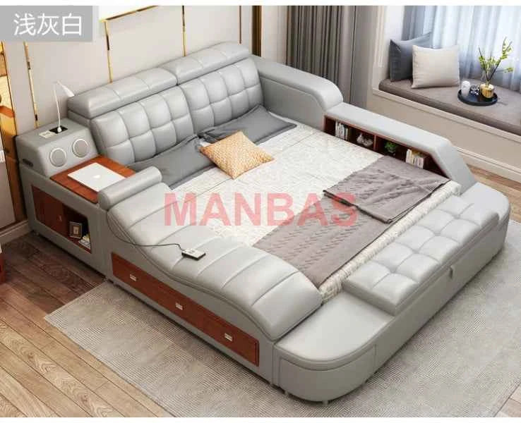 King/Queen Size Multifunctional Bed Tech Smart Beds Ultimate Camas TATAMI Massage Lit Genuine Leather Upholstered Bed with Audio - Mountain ship