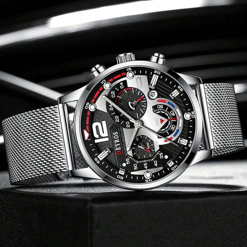 Fashion Mens Business Watches Luxury Stainless Steel Mesh Belt Quartz Wrist Watch Luminous Clock Men Casual Calendar Watch - Mountain ship