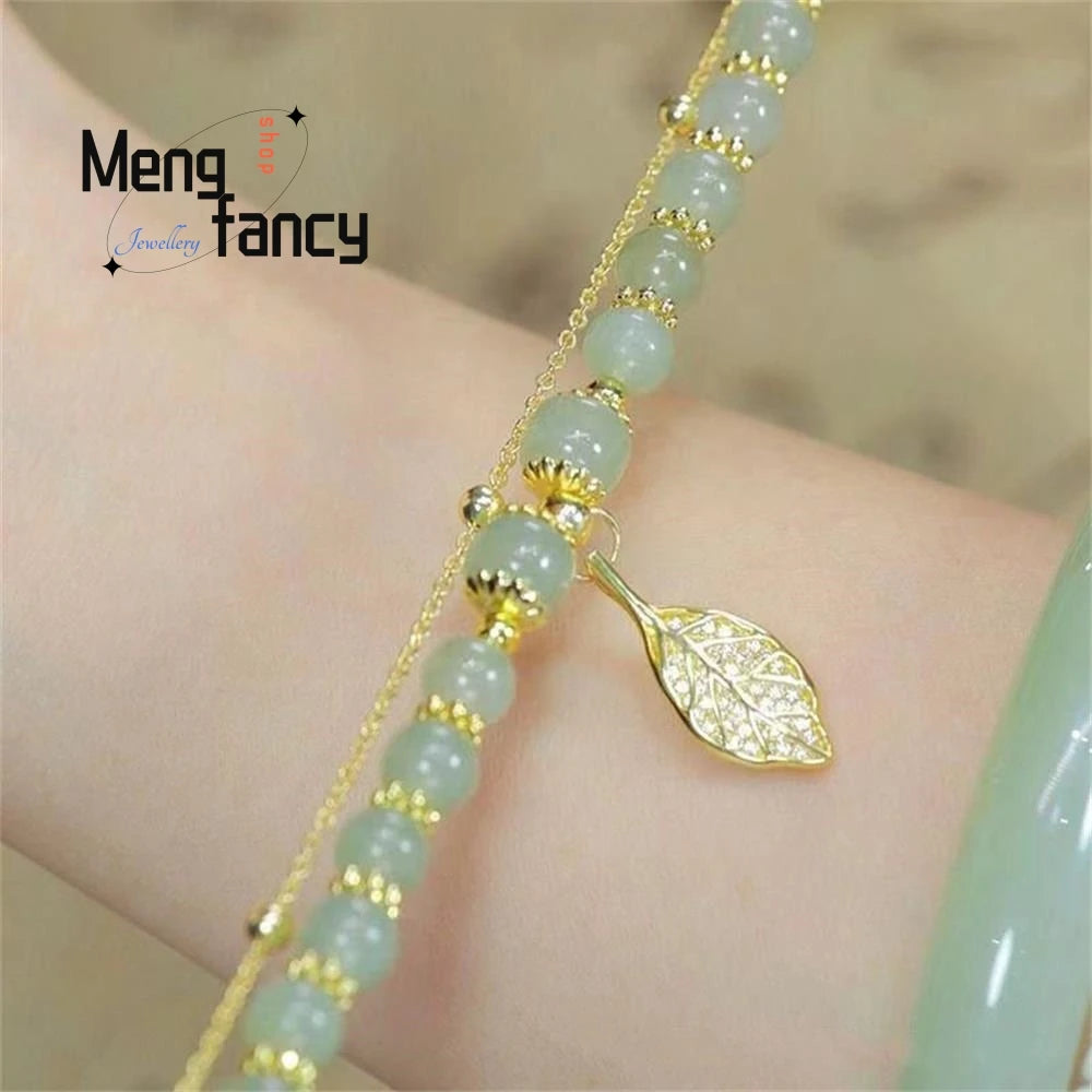 Natural Hetian Jasper Golden Branch Jade Leaves Bracelet Exquisite Sexy Young Girls Fashion Jewelry Best Selling Holiday Gift - Mountain ship