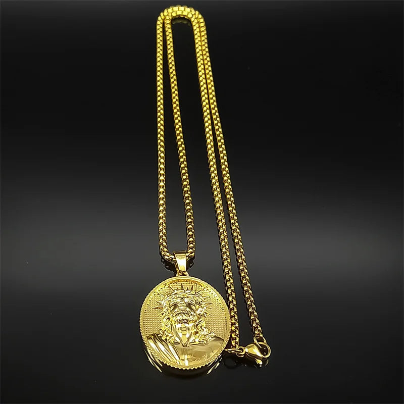 Thorn Jesus Head Pendant Necklace For Women Men Stainless Steel Gold Color Religion Catholic Amulet Chain Jewelry Gifts - Mountain ship