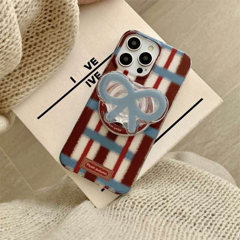 Fashion Plaid Pattern Magnetic Phone Case For iPhone 16 Pro 14 12 13 Pro 15 Max Cover with Cute Bow Holder for Magsafe Cases 14 - Mountain ship