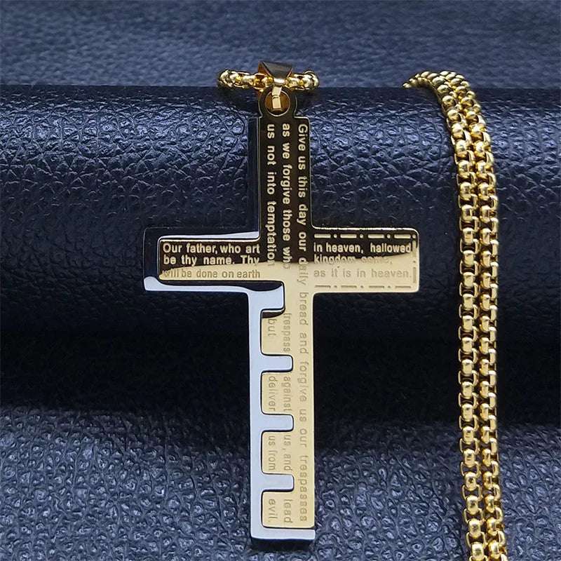 HNSP Stainless Steel Bible Cross Chain Necklace Pendant For Men Jewelry Religion Accessories Gift - Mountain ship