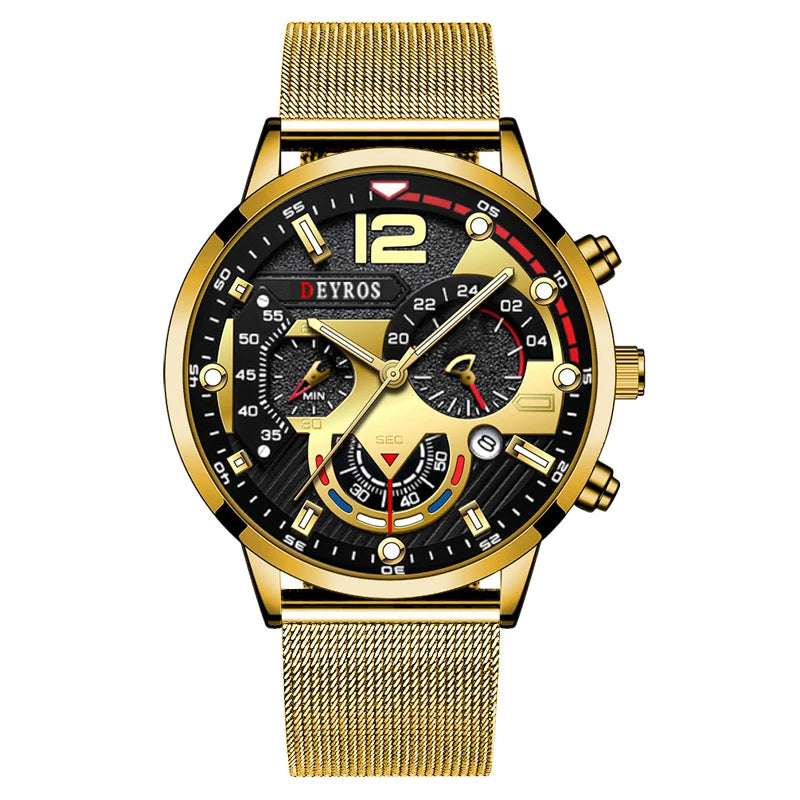 Fashion Mens Business Watches Luxury Stainless Steel Mesh Belt Quartz Wrist Watch Luminous Clock Men Casual Calendar Watch - Mountain ship