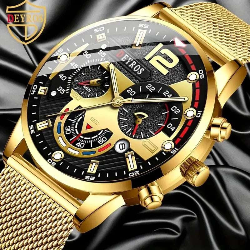 Fashion Mens Business Watches Luxury Stainless Steel Mesh Belt Quartz Wrist Watch Luminous Clock Men Casual Calendar Watch - Mountain ship