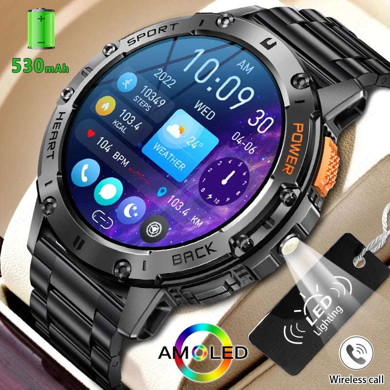 For Huawei Xiaomi New AMOLED Smart Watch Men with Flashlight Sports Waterproof Fitness Tracker Bluetooth Call Smartwatch Man+Box - Mountain ship
