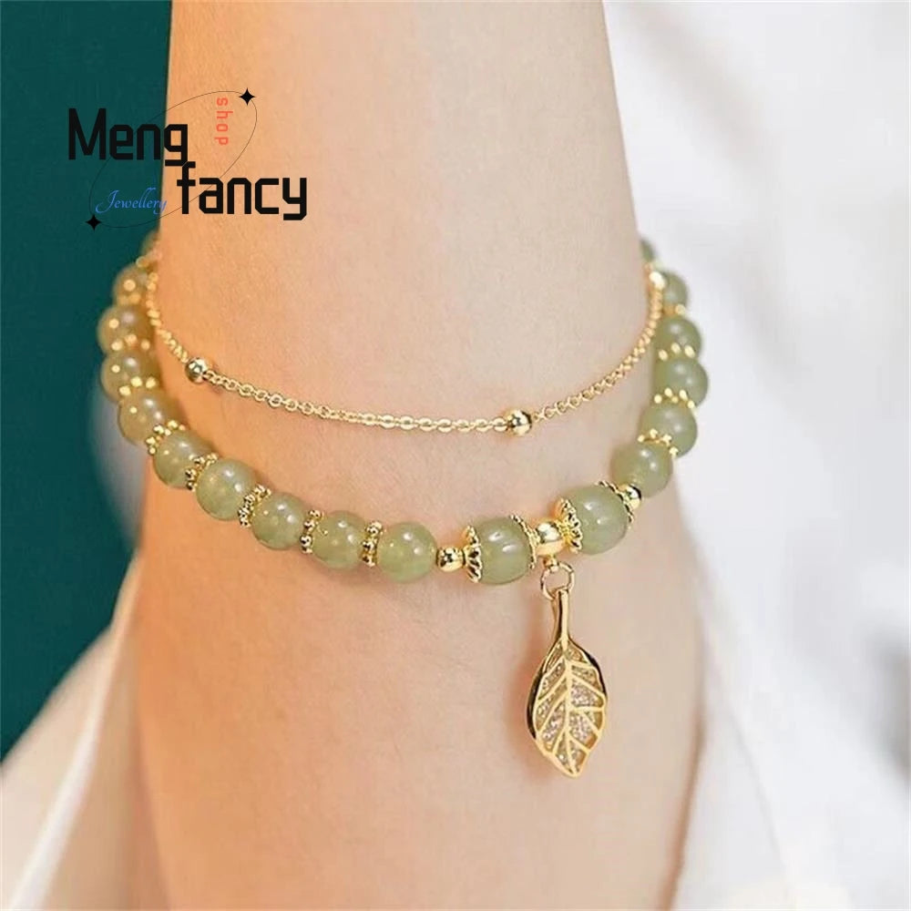 Natural Hetian Jasper Golden Branch Jade Leaves Bracelet Exquisite Sexy Young Girls Fashion Jewelry Best Selling Holiday Gift - Mountain ship