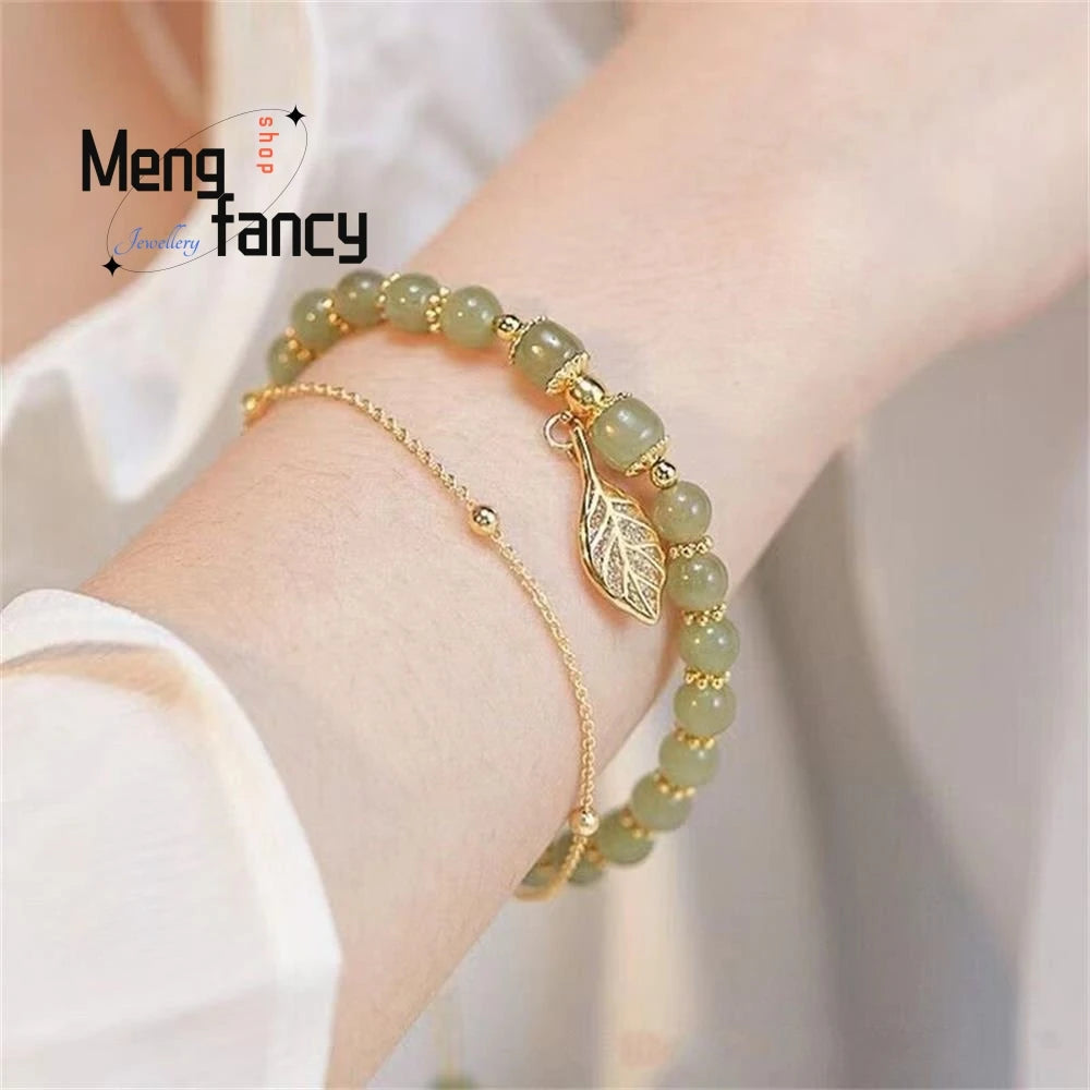 Natural Hetian Jasper Golden Branch Jade Leaves Bracelet Exquisite Sexy Young Girls Fashion Jewelry Best Selling Holiday Gift - Mountain ship