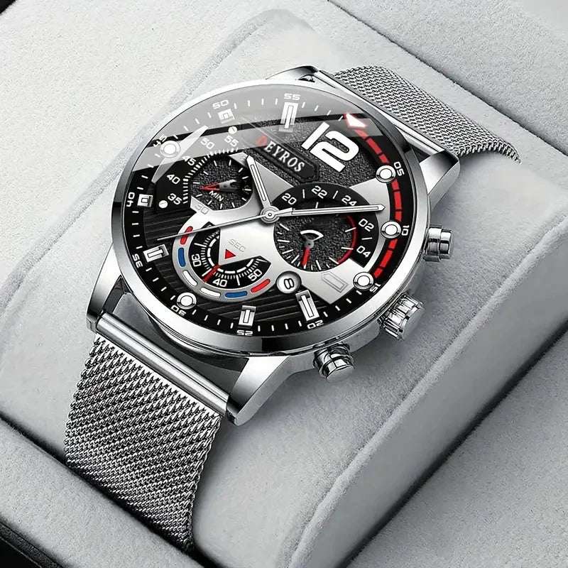 Fashion Mens Business Watches Luxury Stainless Steel Mesh Belt Quartz Wrist Watch Luminous Clock Men Casual Calendar Watch - Mountain ship