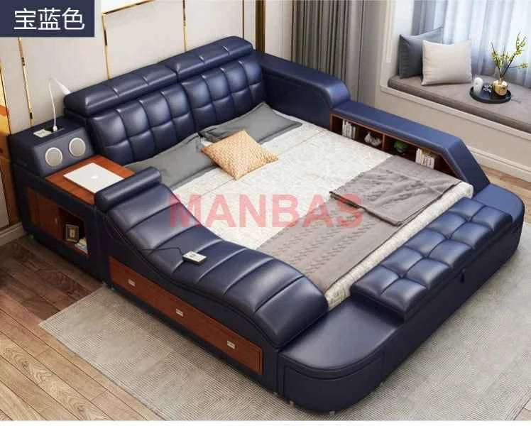 King/Queen Size Multifunctional Bed Tech Smart Beds Ultimate Camas TATAMI Massage Lit Genuine Leather Upholstered Bed with Audio - Mountain ship