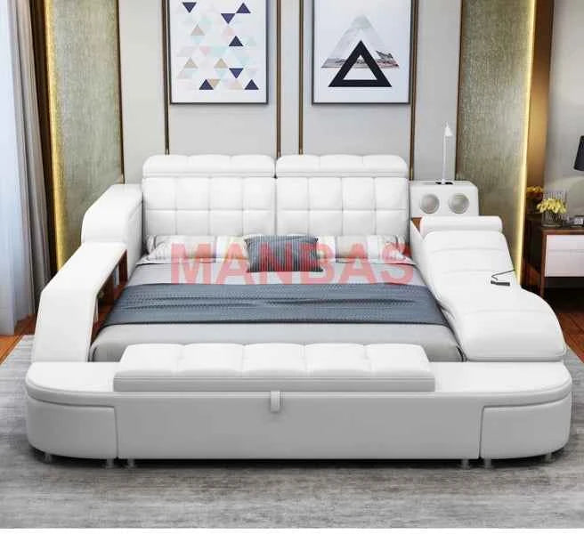 King/Queen Size Multifunctional Bed Tech Smart Beds Ultimate Camas TATAMI Massage Lit Genuine Leather Upholstered Bed with Audio - Mountain ship