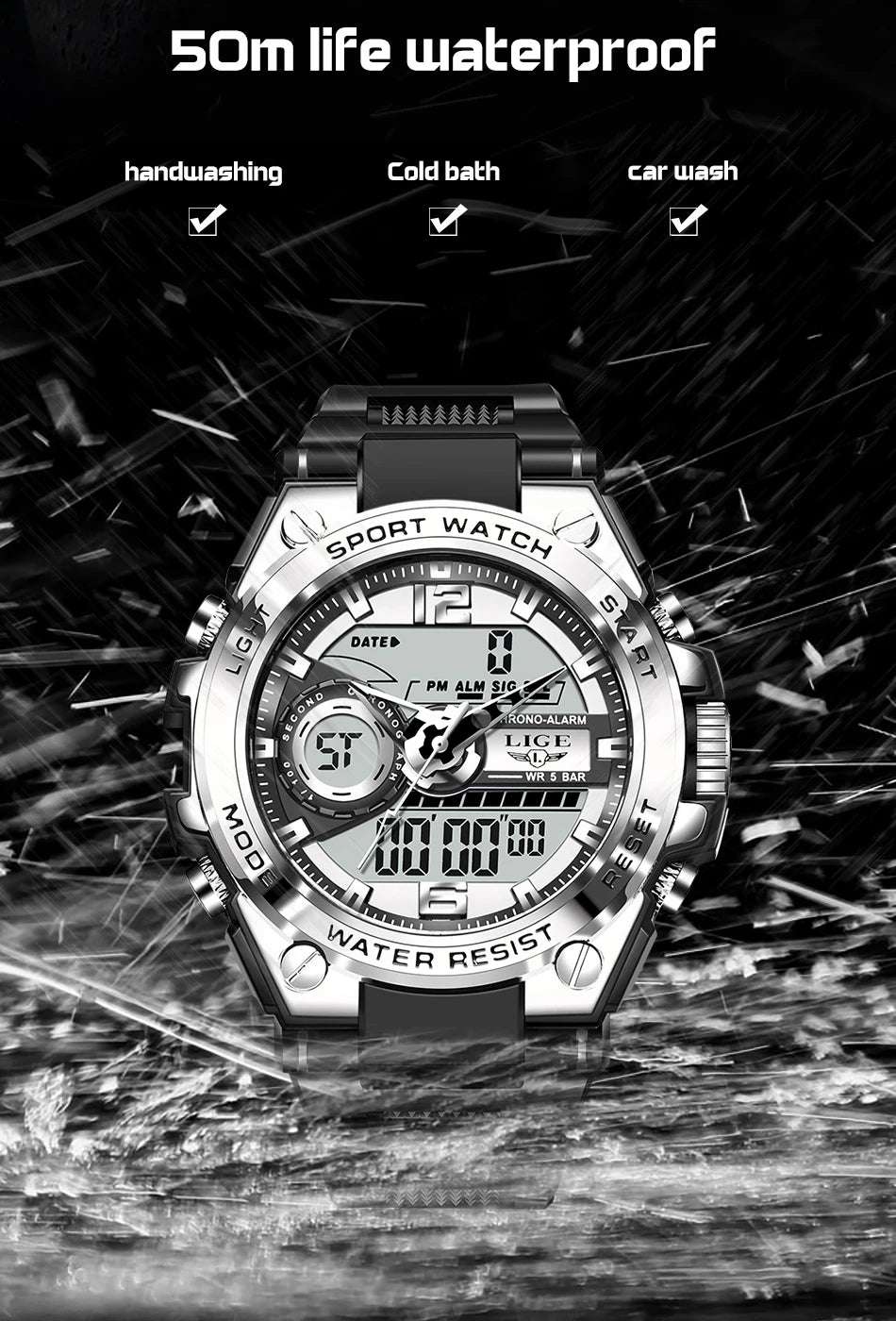 LIGE Men Military Watch Digital 50m Waterproof Wristwatch LED Quartz Clock Sport Watch Male Big Watches Men Relogios Masculino - Mountain ship
