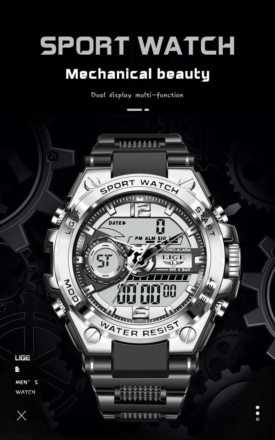 LIGE Men Military Watch Digital 50m Waterproof Wristwatch LED Quartz Clock Sport Watch Male Big Watches Men Relogios Masculino - Mountain ship