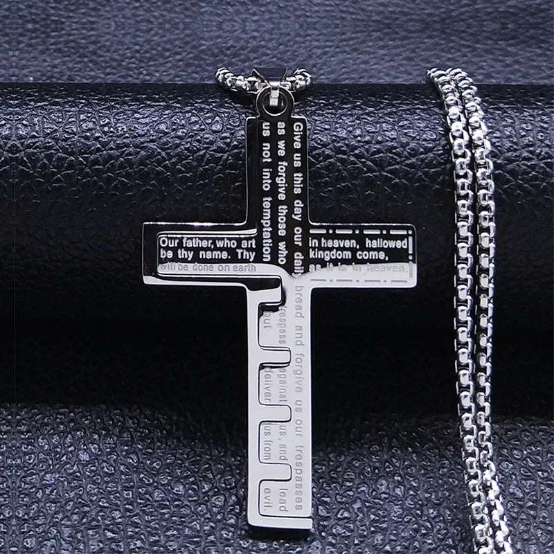HNSP Stainless Steel Bible Cross Chain Necklace Pendant For Men Jewelry Religion Accessories Gift - Mountain ship