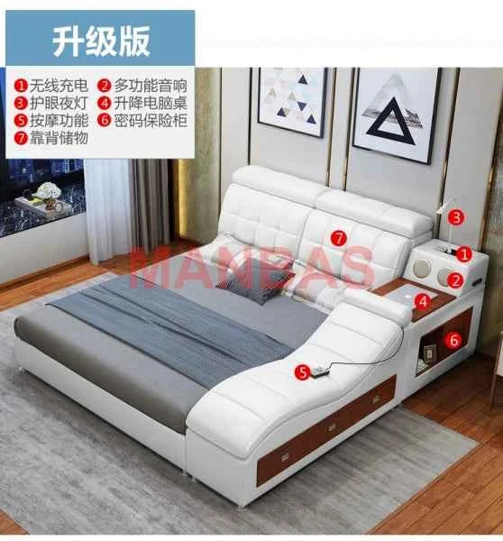King/Queen Size Multifunctional Bed Tech Smart Beds Ultimate Camas TATAMI Massage Lit Genuine Leather Upholstered Bed with Audio - Mountain ship