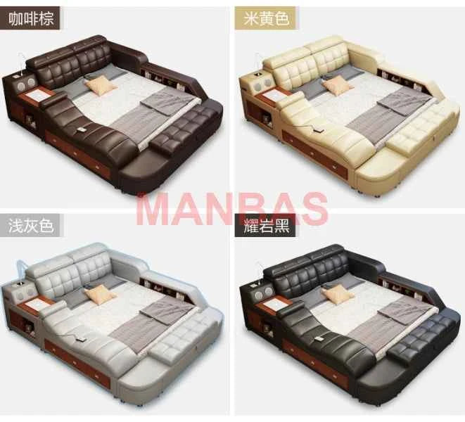 King/Queen Size Multifunctional Bed Tech Smart Beds Ultimate Camas TATAMI Massage Lit Genuine Leather Upholstered Bed with Audio - Mountain ship