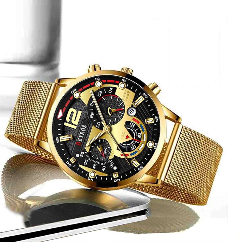 Fashion Mens Business Watches Luxury Stainless Steel Mesh Belt Quartz Wrist Watch Luminous Clock Men Casual Calendar Watch - Mountain ship