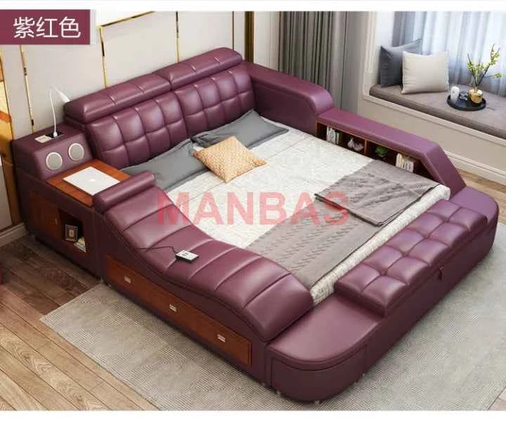 King/Queen Size Multifunctional Bed Tech Smart Beds Ultimate Camas TATAMI Massage Lit Genuine Leather Upholstered Bed with Audio - Mountain ship
