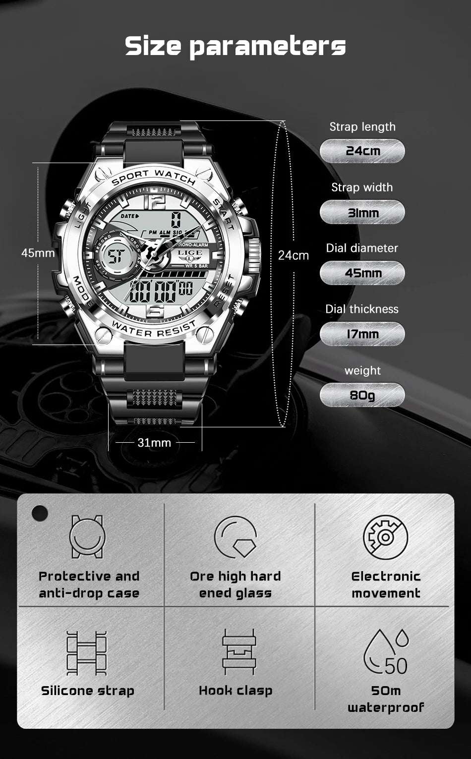 LIGE Men Military Watch Digital 50m Waterproof Wristwatch LED Quartz Clock Sport Watch Male Big Watches Men Relogios Masculino - Mountain ship