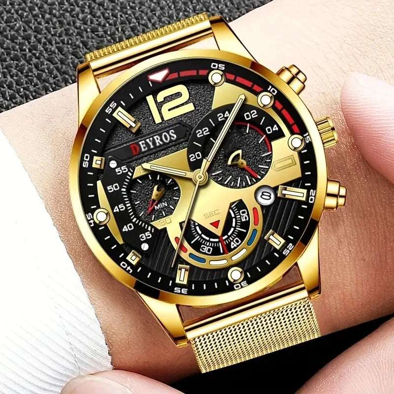Fashion Mens Business Watches Luxury Stainless Steel Mesh Belt Quartz Wrist Watch Luminous Clock Men Casual Calendar Watch - Mountain ship