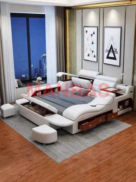 King/Queen Size Multifunctional Bed Tech Smart Beds Ultimate Camas TATAMI Massage Lit Genuine Leather Upholstered Bed with Audio - Mountain ship
