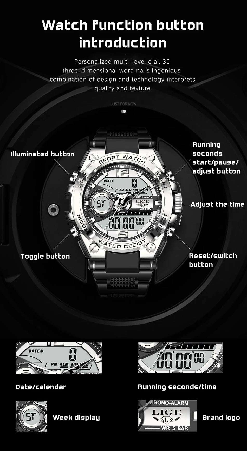 LIGE Men Military Watch Digital 50m Waterproof Wristwatch LED Quartz Clock Sport Watch Male Big Watches Men Relogios Masculino - Mountain ship
