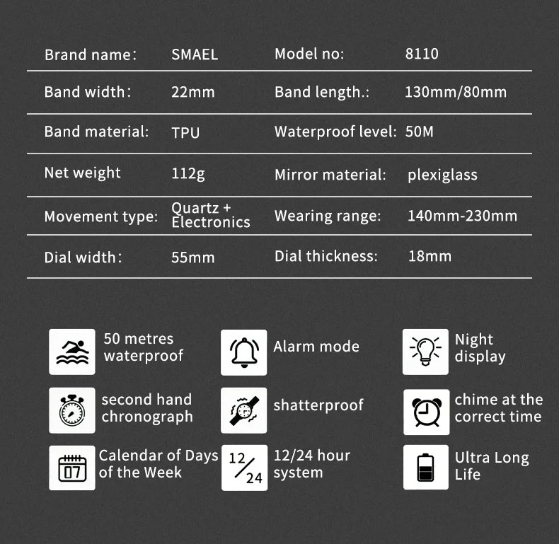 2025 SMAEL Sports Watches Men LED Watches New 50m Waterproof Digital Watches 8110 Shockproof Sports Watches for Men Electrionic - Mountain ship