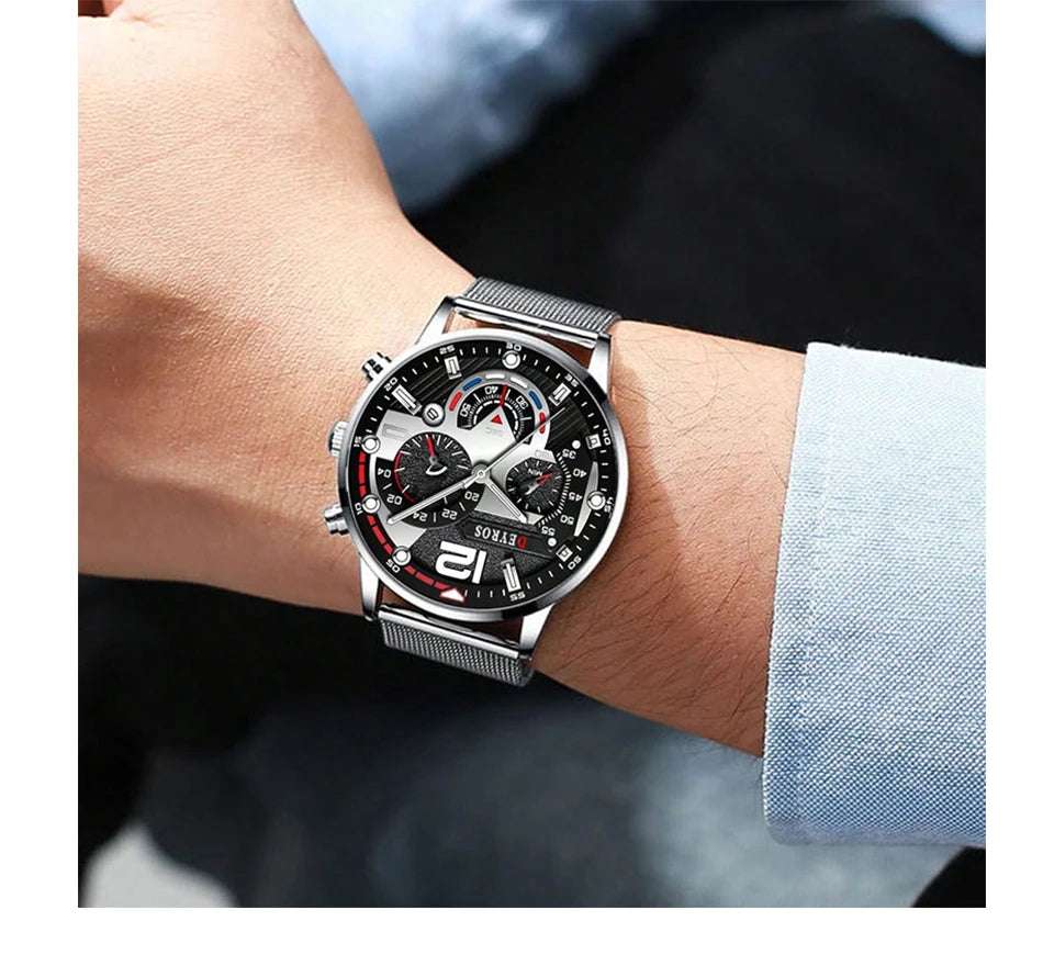 Fashion Mens Business Watches Luxury Stainless Steel Mesh Belt Quartz Wrist Watch Luminous Clock Men Casual Calendar Watch - Mountain ship