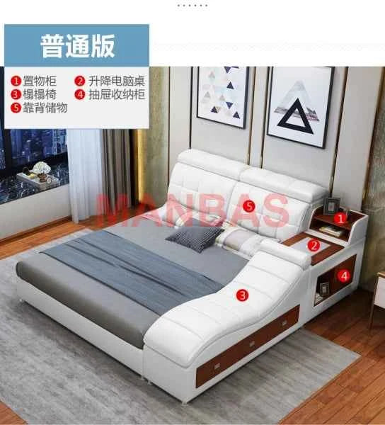 King/Queen Size Multifunctional Bed Tech Smart Beds Ultimate Camas TATAMI Massage Lit Genuine Leather Upholstered Bed with Audio - Mountain ship