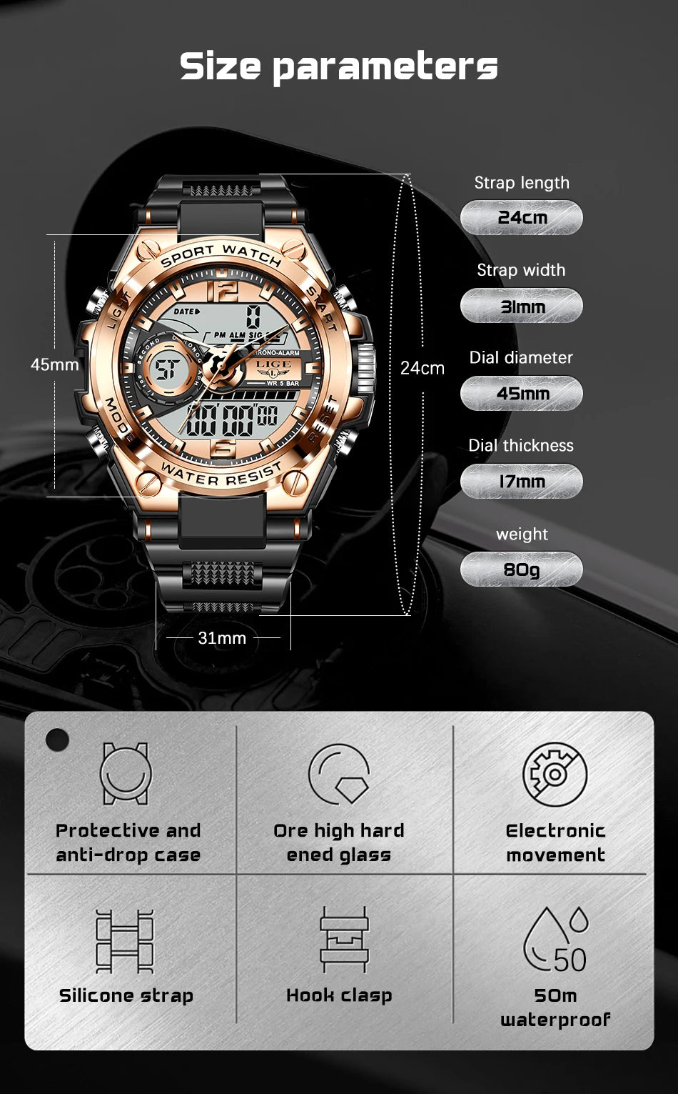 LIGE Men Military Watch Digital 50m Waterproof Wristwatch LED Quartz Clock Sport Watch Male Big Watches Men Relogios Masculino - Mountain ship