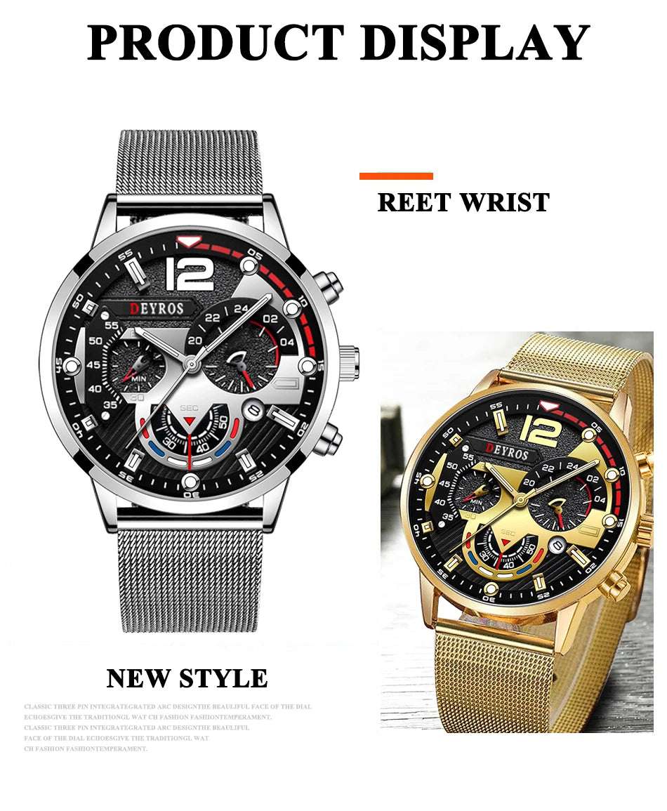 Fashion Mens Business Watches Luxury Stainless Steel Mesh Belt Quartz Wrist Watch Luminous Clock Men Casual Calendar Watch - Mountain ship